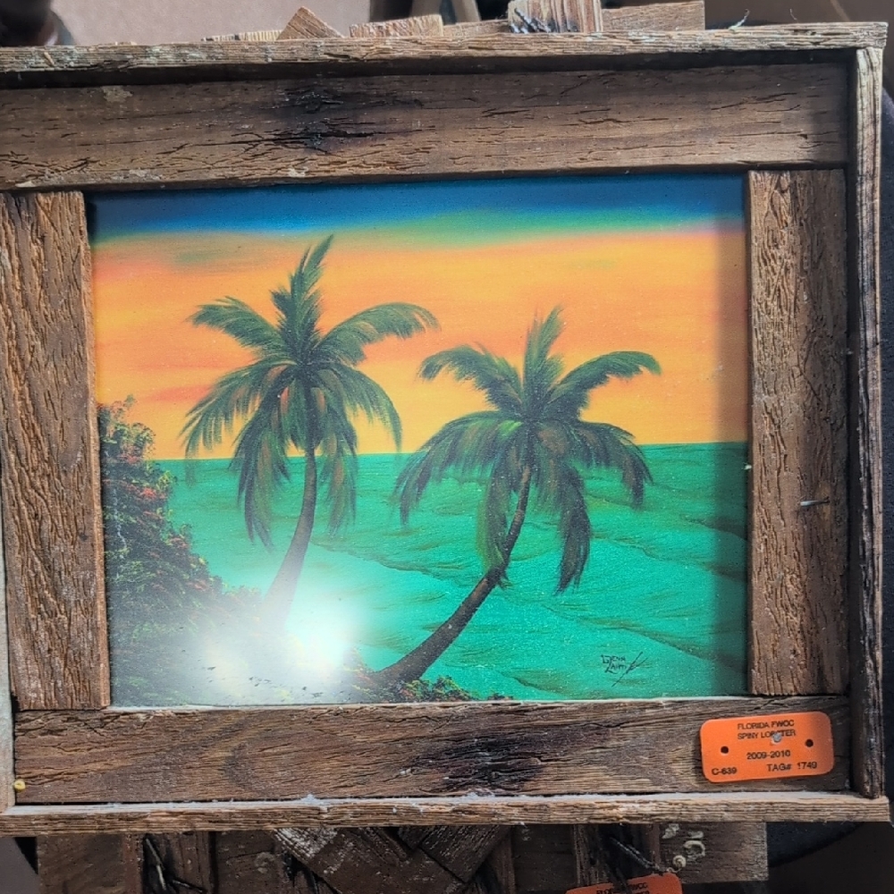 Crab Trap Wooden Framed Tropical Palm Tree Art